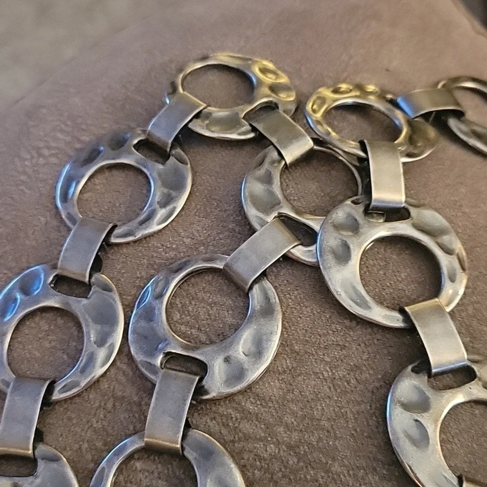 Vtg Gunmetal Hammered Circle Chain Link Disco Grunge Punk Moto Belt
